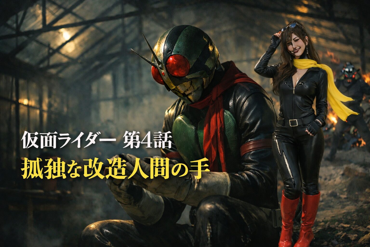 改造された本郷猛の硬質な手と、32年間の現場作業で節くれ立った著者の手を比較し、介護や生活の中での葛藤をまとめたインフォグラフィック。