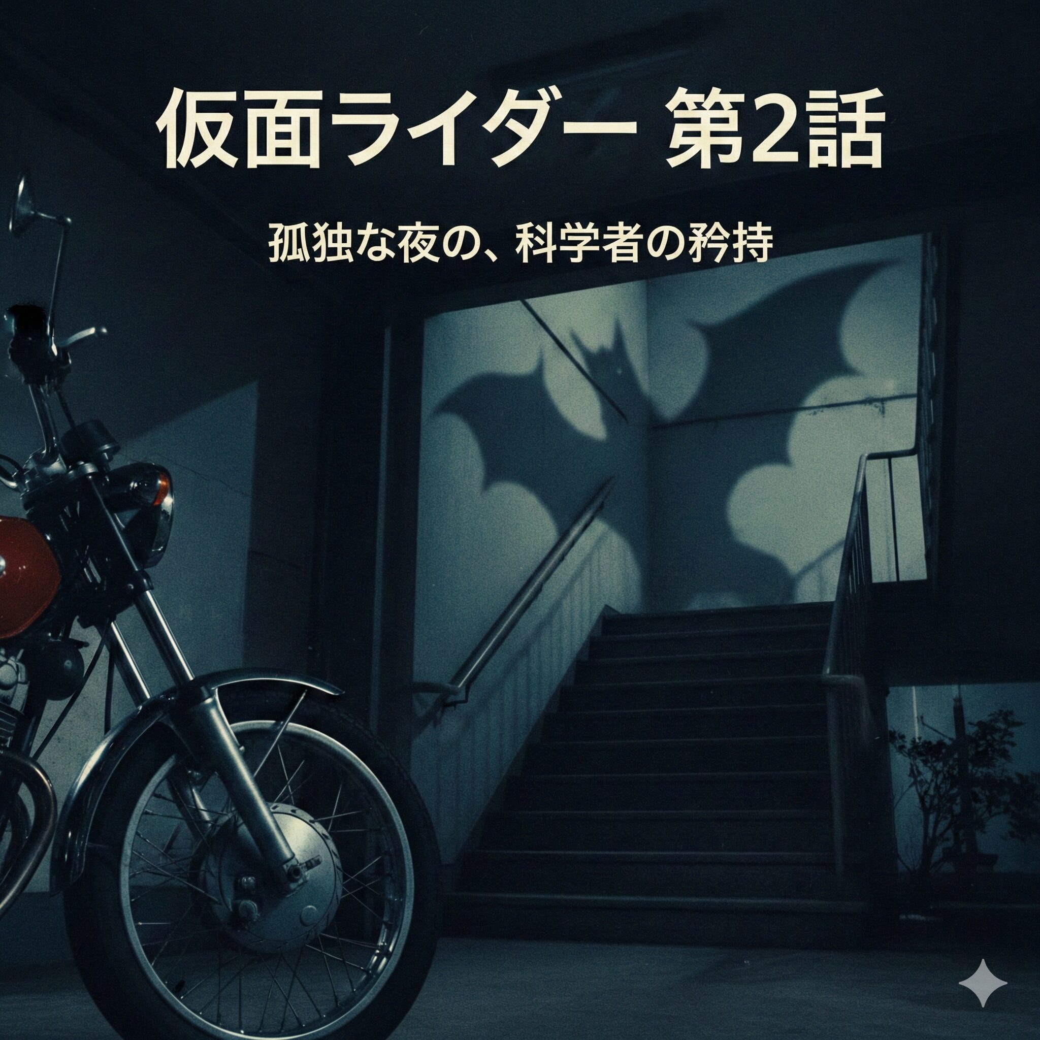 夜の階段に巨大なコウモリの影が映り、手前にバイクが置かれた、「仮面ライダー 第2話 孤独な夜の、科学者の矜持」という文字入りのサムネイル画像