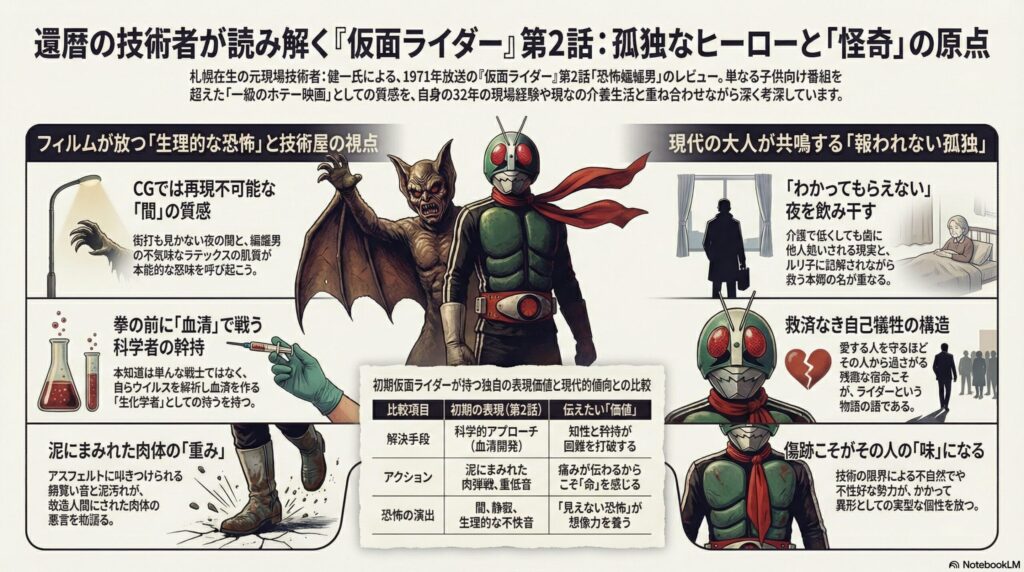 仮面ライダー第2話のレビューまとめ。科学者としての矜持、生理的な恐怖の演出、介護生活と共鳴する孤独なヒーロー像などを図解したインフォグラフィック