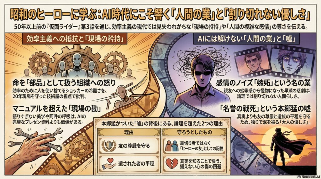 仮面ライダー第3話の考察まとめ。効率主義への抵抗、嫉妬という人間の業、友の尊厳を守るための本郷猛の嘘について図解したインフォグラフィック画像