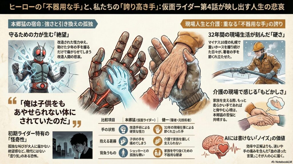 改造された本郷猛の硬質な手と、32年間の現場作業で節くれ立った著者の手を比較し、介護や生活の中での葛藤をまとめたインフォグラフィック。