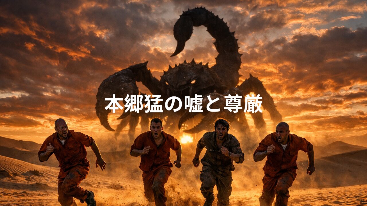 夕暮れの砂漠で巨大なサソリの怪物から逃げる4人の男たちと、「本郷猛の嘘と尊厳」という中央の文字が印象的なブログ用サムネイル画像