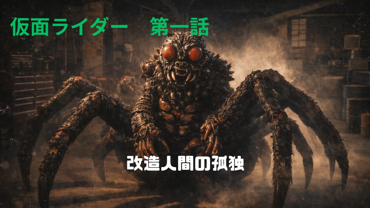 暗い倉庫に潜む巨大でリアルな蜘蛛の怪人と「仮面ライダー 第一話」「改造人間の孤独」の文字が入ったブログ用サムネイル